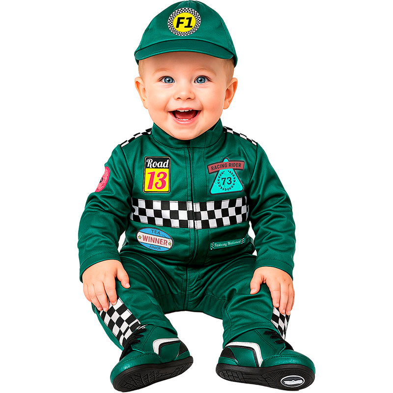 Disfraz de Piloto de carreras verde para bebé