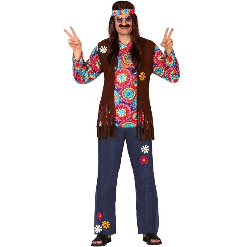 Disfraz Hippie Flower Power Para Hombre - Camiseta, Pantalón Y Diadema, Talla XL, 100% Poliéster, Ideal Para Fiestas De Disfraces