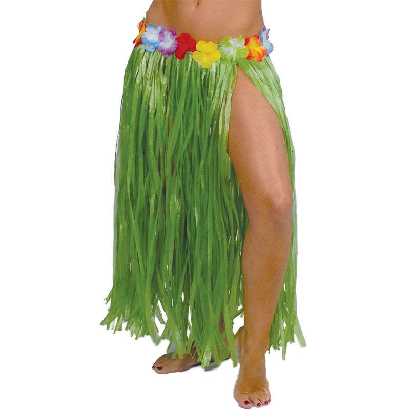 Falda Hawaiana Larga Azul - Rafia Sintética, Cintura Elástica Con Velcro, 90 Cm Largo, Para Fiestas Temáticas