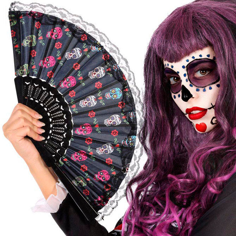Abanico De Tela "Día De Los Muertos" - Longitud 23 Cm, Negro Con Calaveras Y Flores, Para Fiestas Temáticas Y Halloween