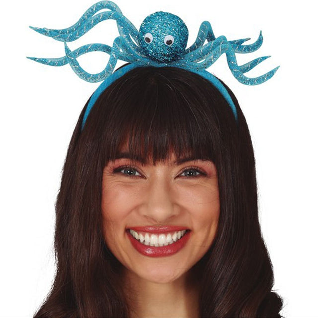Diadema De Pulpo Brillante De Horror-Shop: Tocado Azul Con Purpurina Y Ojos Saltones, Ideal Para Halloween Y Fiestas Temáticas