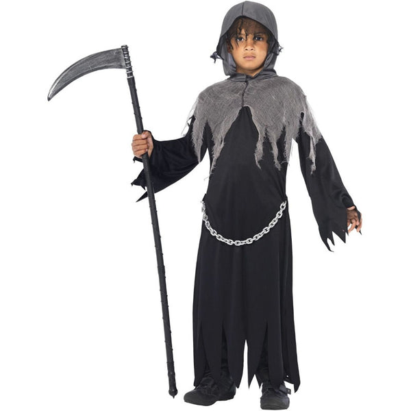 Disfraz De Muerte Niño Con Capucha, Guadaña Y Collar Luminoso – Set De 6 Piezas Para Halloween Y Cosplay