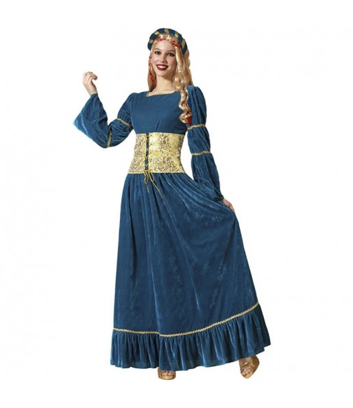 Disfraz de Doncella medieval azul para mujer
