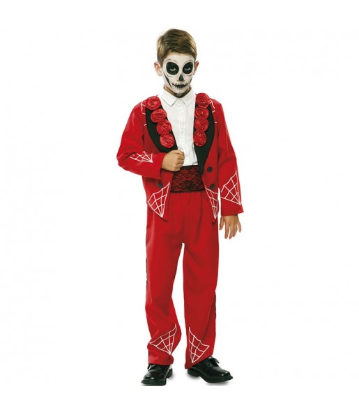 Disfraz de Esqueleto mexicano rojo para niño
