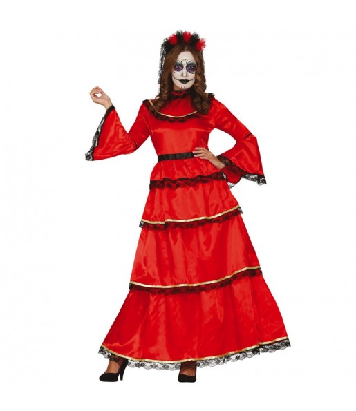 Disfraz de Catrina roja mexicana para mujer