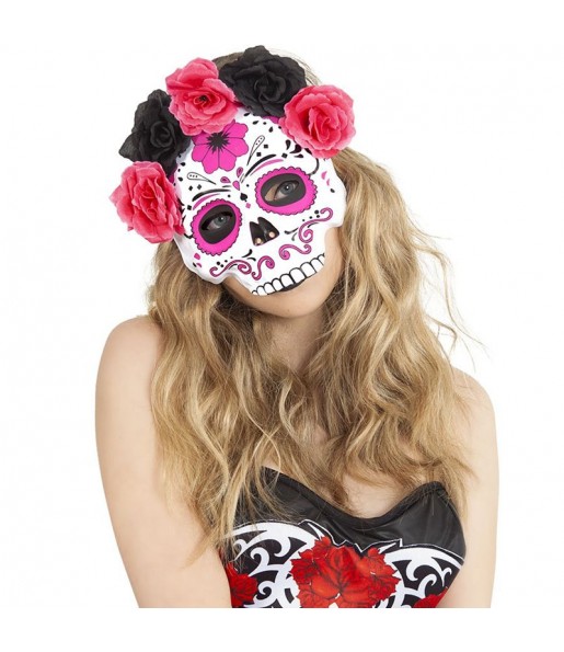 Máscara de Catrina con flores rosas y negras