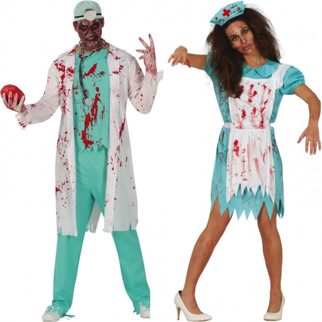 Disfraz de pareja de Enfermeros Sangrientos para adulto