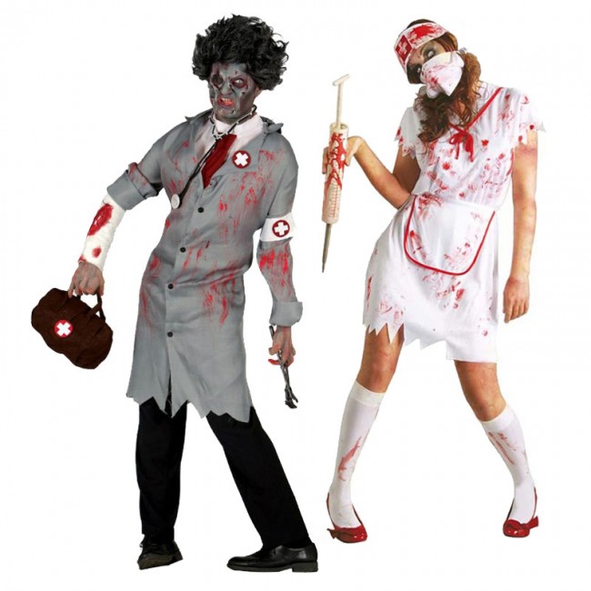 Disfraz de pareja Doctor y Enfermera Zombies para adulto