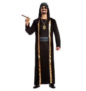 Disfraz de Jeque Árabe negro y dorado para hombre