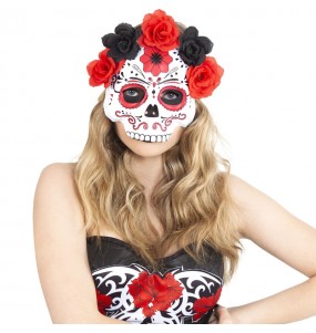 Máscara Catrina con flores rojas y negras
